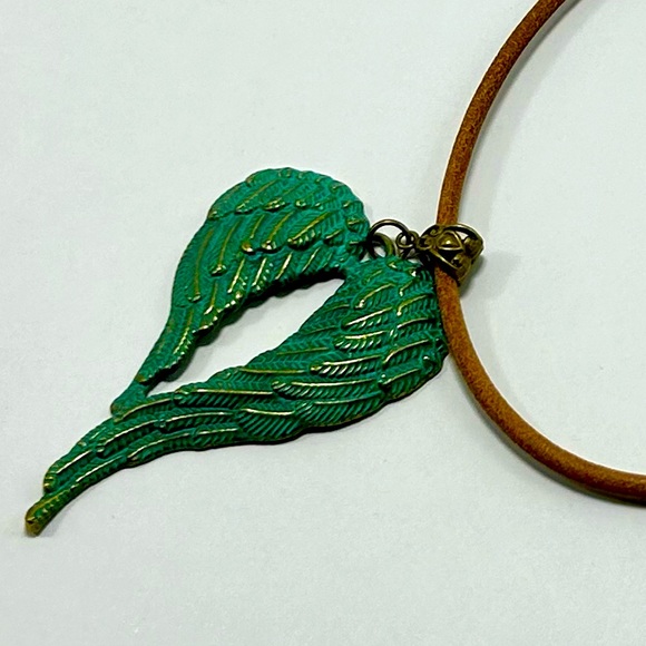 Handmade Antique Patina Angel Wings Pendant Necklace with Brown Leather Cord! - Picture 5 of 5